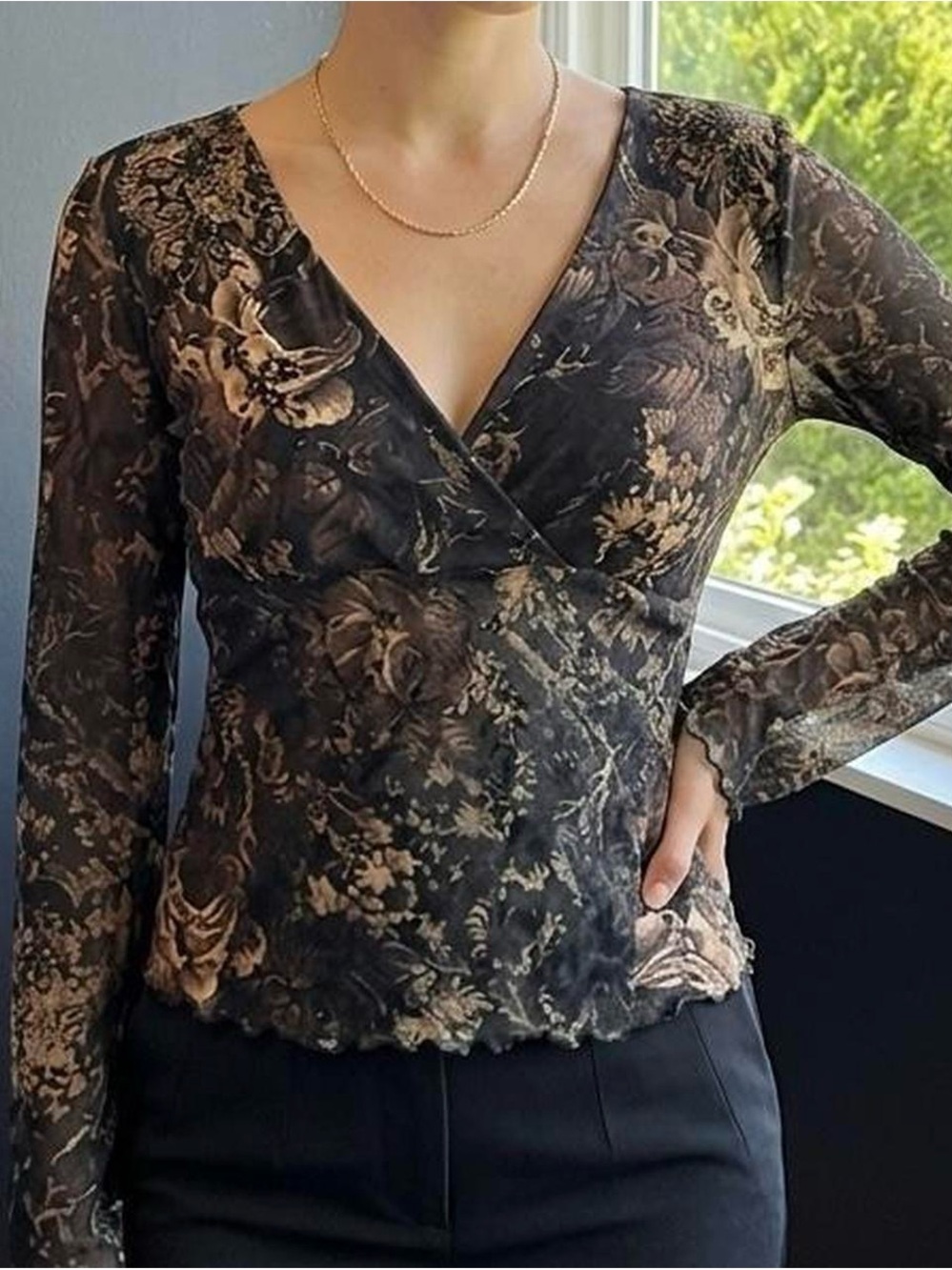Studio Y Sheer Floral Wrap Top - Black and Brown